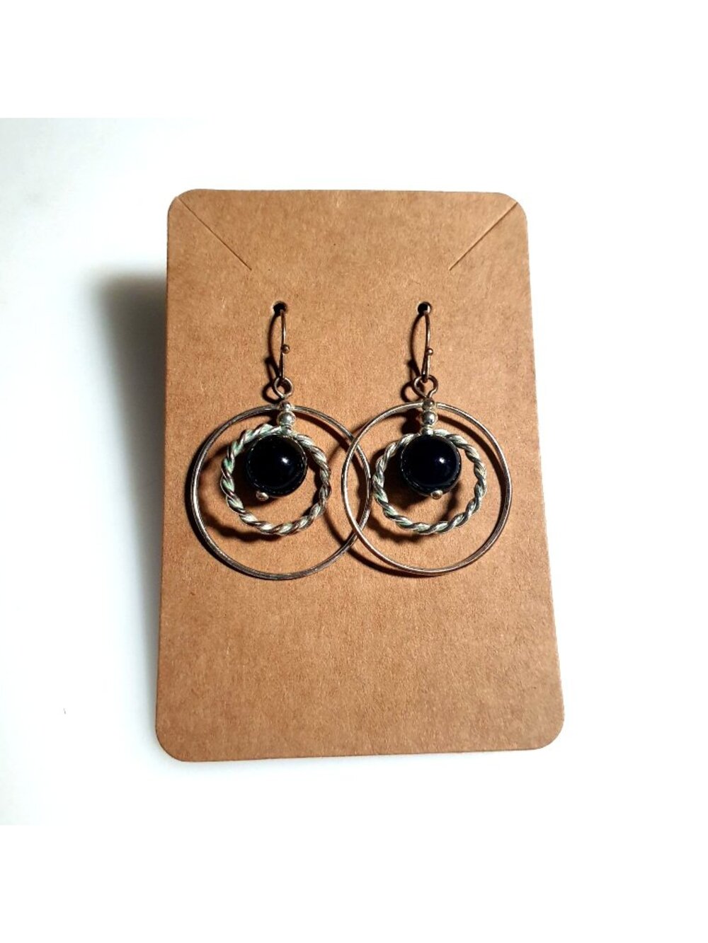 Silver Tone Dangling Earrings Black Round Bead Center Twisted Wire Loop Design